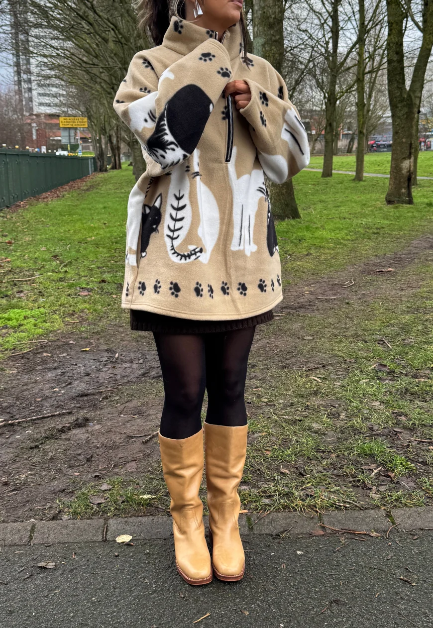 beige cat print fleece *free scarf* - Image 3