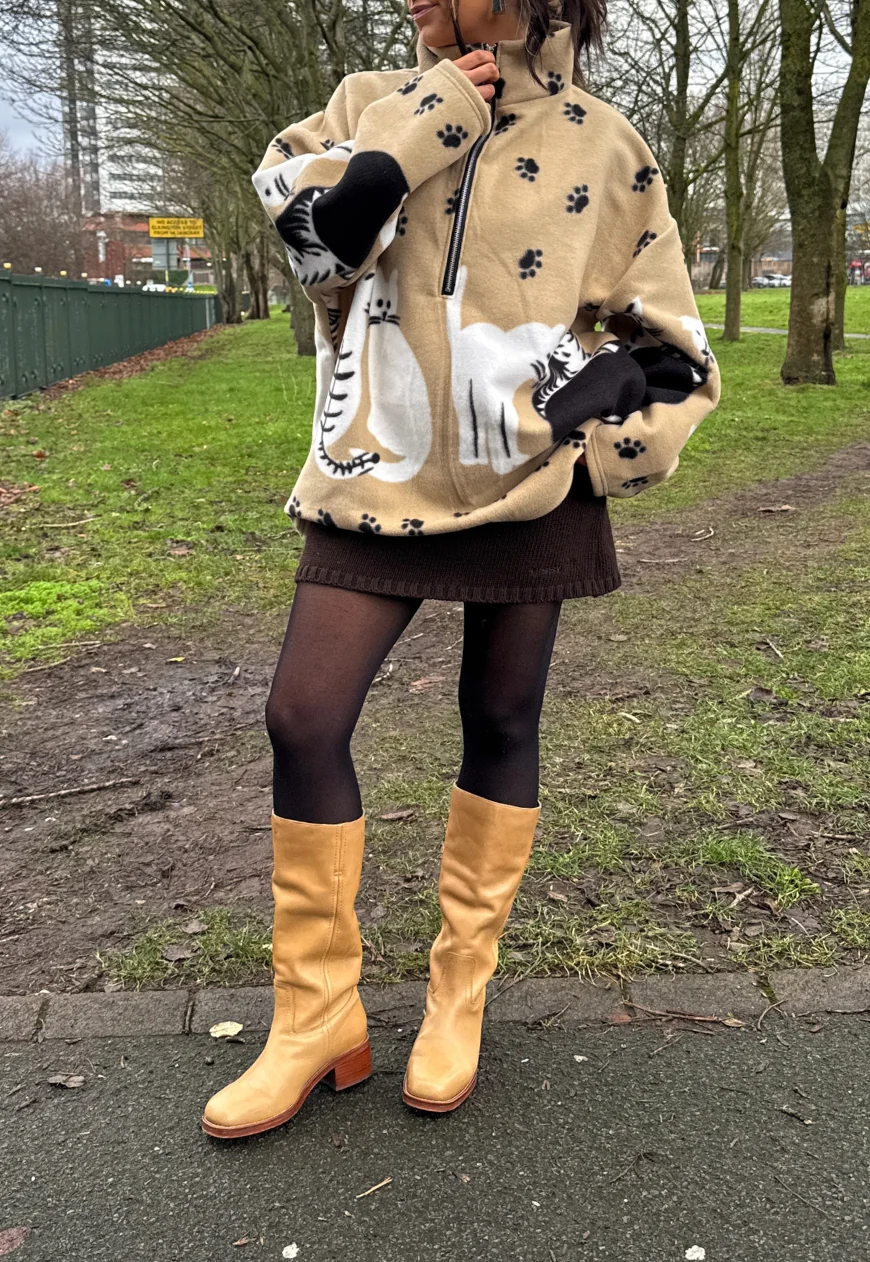 beige cat print fleece *free scarf* - Image 5