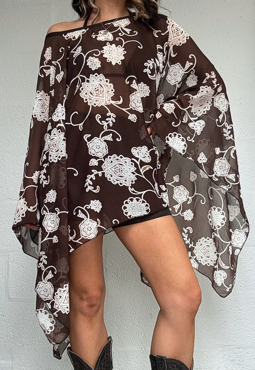 dark brown flower mesh poncho - Image 4